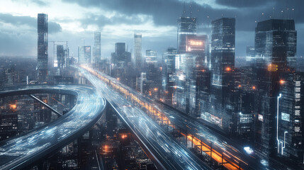 Fototapeta premium Futuristic cityscape showing busy highway traffic at night