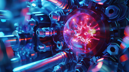 Microscopic view of particles decaying into smaller fragments, glowing and emitting energy, with scientific instruments blurred in the background, symbolizing particle decay in a physics lab.