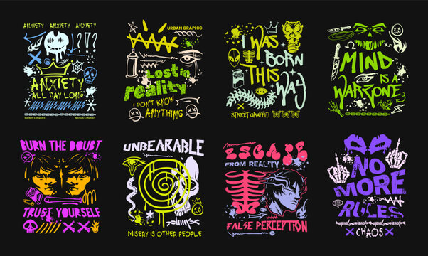 Graffiti streetwear vector set, streetwear graphic t shirt for print. Streetwear t -shirt design. Streetwear bundle, streetwear packs. Clothing design