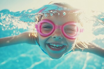 Naklejka premium Happy Child Swimming Underwater with Goggles