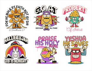  Christian graffiti t-shirt design bundle, Christian cartoon vector set. Christianity inspirational quotes. Cartoon character set. Jesus vector set, graffiti t shirt design. 