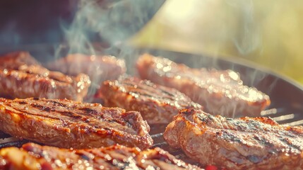 Close up of sizzling, juicy meat grilling on a barbecue with smoke rising.