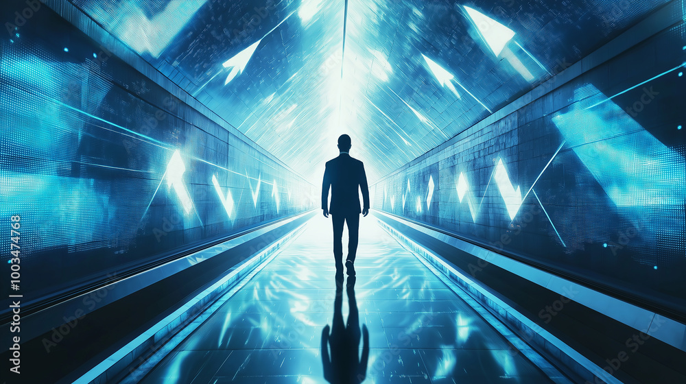 Poster businessman walking in futuristic tunnel with digital arrows pointing the way