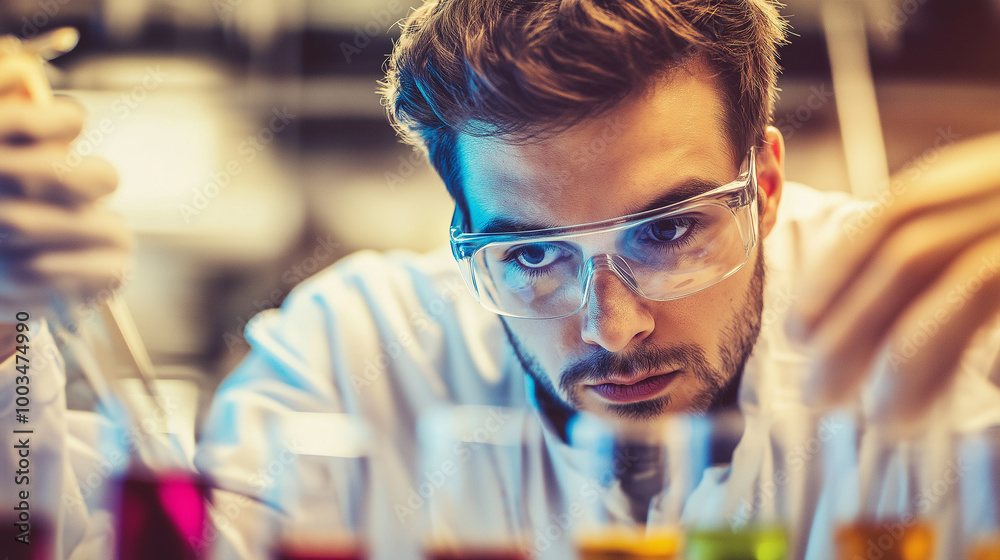 Aufkleber Scientist using pipette for dropping liquid into test tubes in laboratory