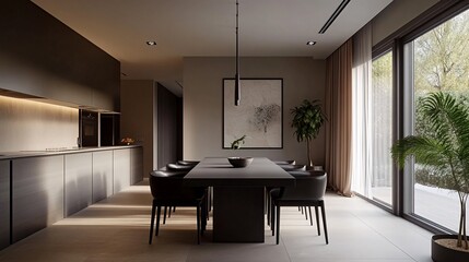 Modern dining room with large windows, black dining table and chairs, and a contemporary art piece on the wall.