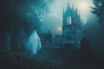 Mysterious Ghost in Foggy Graveyard at Night