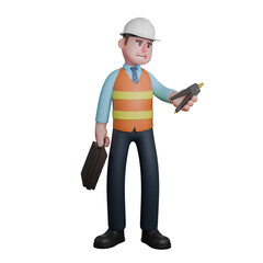 3D Cartoon Building Planner. An Architect stands with his left hand holding a compass while his right hand holds a briefcase. Architectural Scene