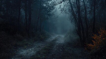 Obraz premium A Foggy Path Through a Dark and Mysterious Forest