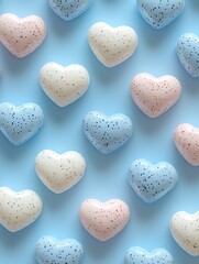 Obraz premium Heart-shaped blue, pink, and white soaps with speckles on a light blue background.