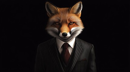 Obraz premium A stylish fox in a formal suit exudes confidence and charisma against a dark backdrop, ideal for creative and business themes.