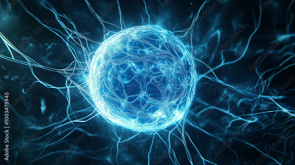 Poster blue glowing sphere with connections forming a network on black background