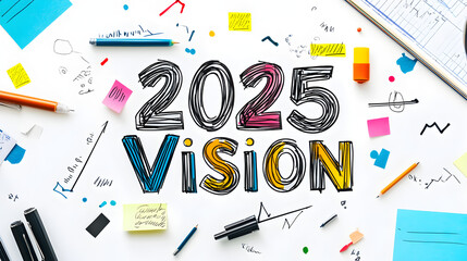 A bold, clean design with the text 2025 Vision in the center, with scattered planning tools like pens and notes