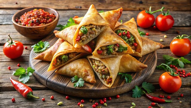 Savory Somali sombusa pastries blend spiced meat and vegetables, wrapped in crispy dough, enticingly presented on a
