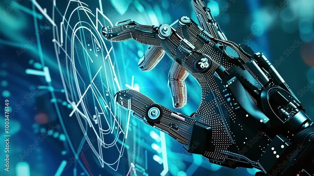 Poster robotic hand with intricate wiring and glowing details is shown interacting with a complex circular 