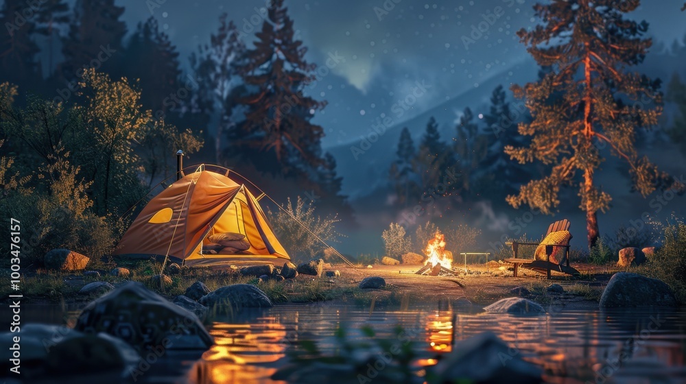 Wall mural Peaceful Camping Scene by a Lake at Night