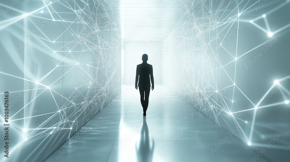 Aufkleber businessman walking in abstract futuristic corridor with network connection