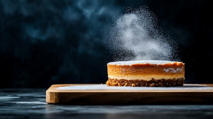 Burnt Basque cheesecake with a light dusting of powdered sugar, placed on a marble board for a minimalist, modern dessert look, Basque cheesecake, refined dessert concept