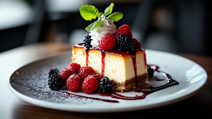 Burnt Basque cheesecake with a side of whipped cream and fresh berries, creating a colorful and fresh contrast to the rich cake, Basque cheesecake, fruity dessert pairing