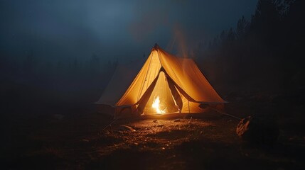 Cozy Tent by Campfire in Nighttime Forest Setting