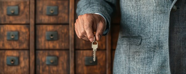 Hand holding a vintage key in front of wooden drawer cabinets.