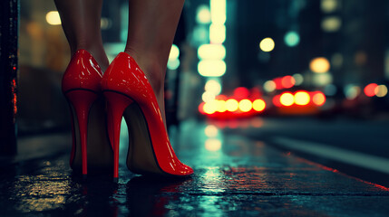 Woman wearing red high heels standing on city street at night