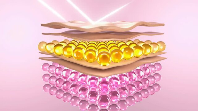 3D video sample showcases sun protection content, showcasing a block of skin with natural skin layers on a bright pink background, reflecting UV rays.