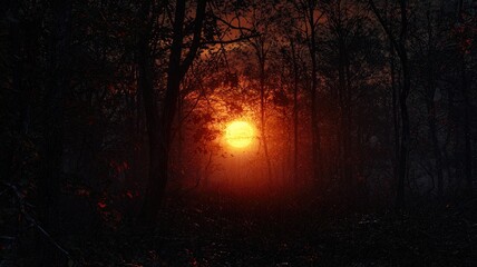 Silhouetted trees framing a fiery sunset in a forest.