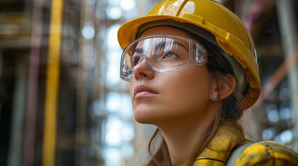 Female engineer wearing safety glasses and hard hat looking up at refinery