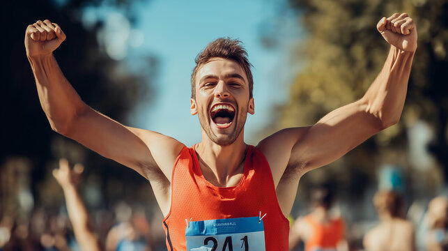 Young male runner celebrating winning race with arms raised