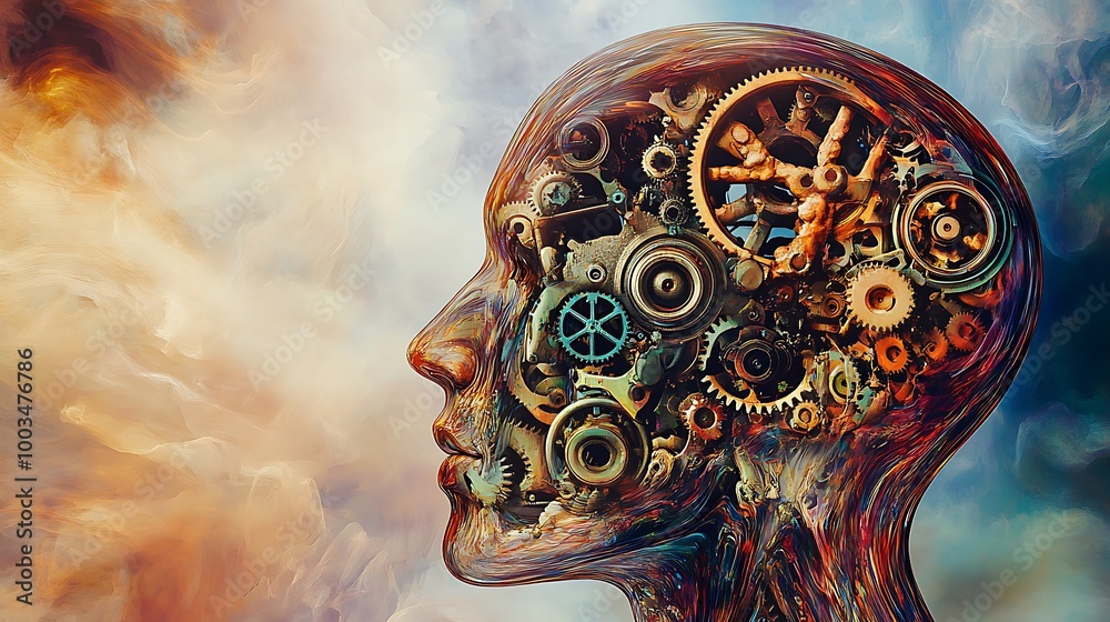 Poster a digital illustration of a human head with gears and machinery inside, symbolizing the complexity a