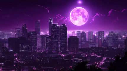 Obraz premium Los angeles skyline glowing under a big violet moon at night