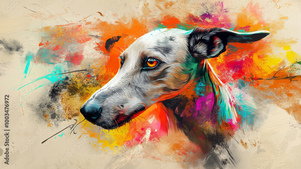 Poster greyhound posing on colorful abstract background