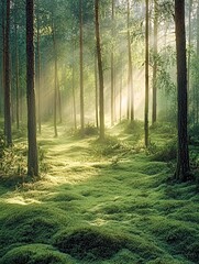 Fototapeta premium Sunlight streams through a dense forest, illuminating the mossy ground.