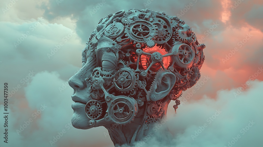 Poster a human head made of gears and cogs with a red glowing core, set against a cloudy sky.