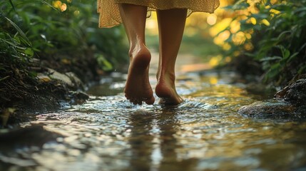 Close-up of a person's bare feet walking through a tranquil forest stream, surrounded by lush greenery and soft sunlight.
