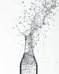 Dynamic water spill; transparent liquid, scattered droplets, fluid motion in diffused light.