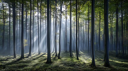 Fototapeta premium Sunbeams stream through a dense, misty forest, illuminating the trunks of the trees.