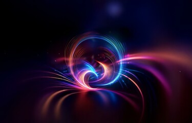 Obraz premium Abstract glowing circular light lines in blue, pink, and orange on a dark background.
