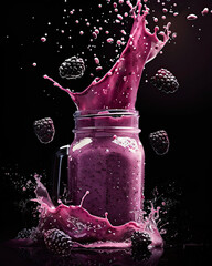 Creamy smoothie spill; vibrant purple arcs, droplets hang mid-air, isolated on dark backdrop.