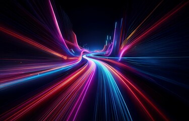 Abstract digital artwork featuring glowing lines of blue, red, and purple on a black background.