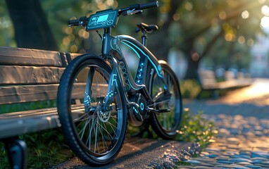 Fototapeta premium Modern Electric Bicycle with Digital Screen Showing Health Data in Park Setting