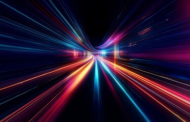Obraz premium Abstract speed lines of blue, red, and yellow light move toward a bright center on a black background.