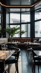 Modern Restaurant Interior with Booth Seating and City View