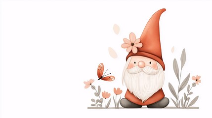 Fototapeta premium Whimsical Gnome with Butterfly and Flowers in Pastels
