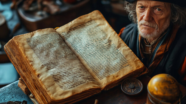 Explorer Journal, showcasing excerpts from Columbus logs, with copy space, Columbus Day