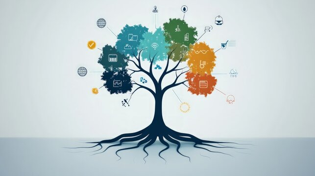 Elegant growth strategies tree diagram, professional color palette, clearly labeled branches, icons representing key business growth strategies, suitable for corporate presentations