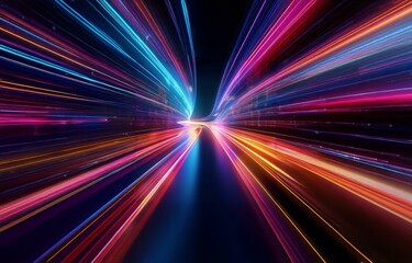 Obraz premium Abstract illustration of colorful streaks of light diverging outward from a central point, suggesting speed and movement.
