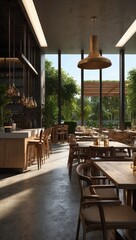 Fototapeta premium Bright Modern Restaurant with Natural Light and Wooden Furnishings
