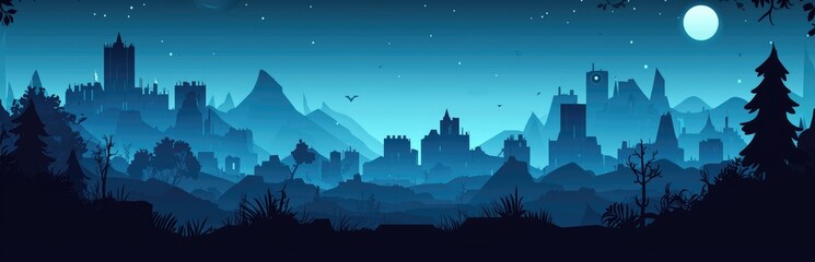 Fototapeta premium Silhouette of a City Skyline at Night with a Full Moon and Stars