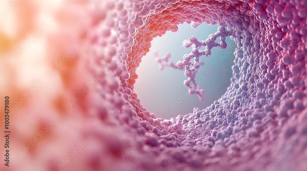 Aufkleber Abstract 3D rendering of a molecular structure inside a tunnel of spheres, evoking a sense of depth and exploration.